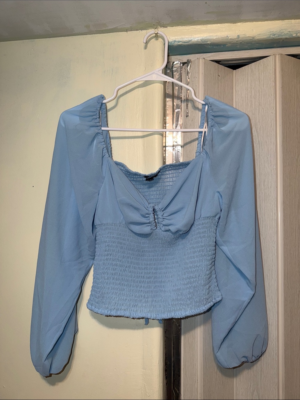 Love Tree Light Blue Smocked Long Sleeve Peasant Top